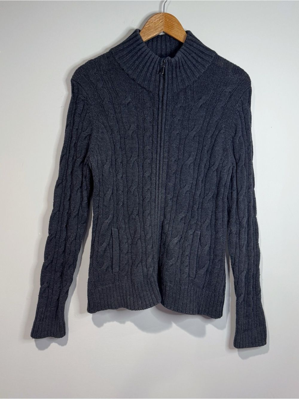 Eddie Bauer Men’s Grey Full Zip Cable Knit Mock Neck Cardigan Sweater Preppy L